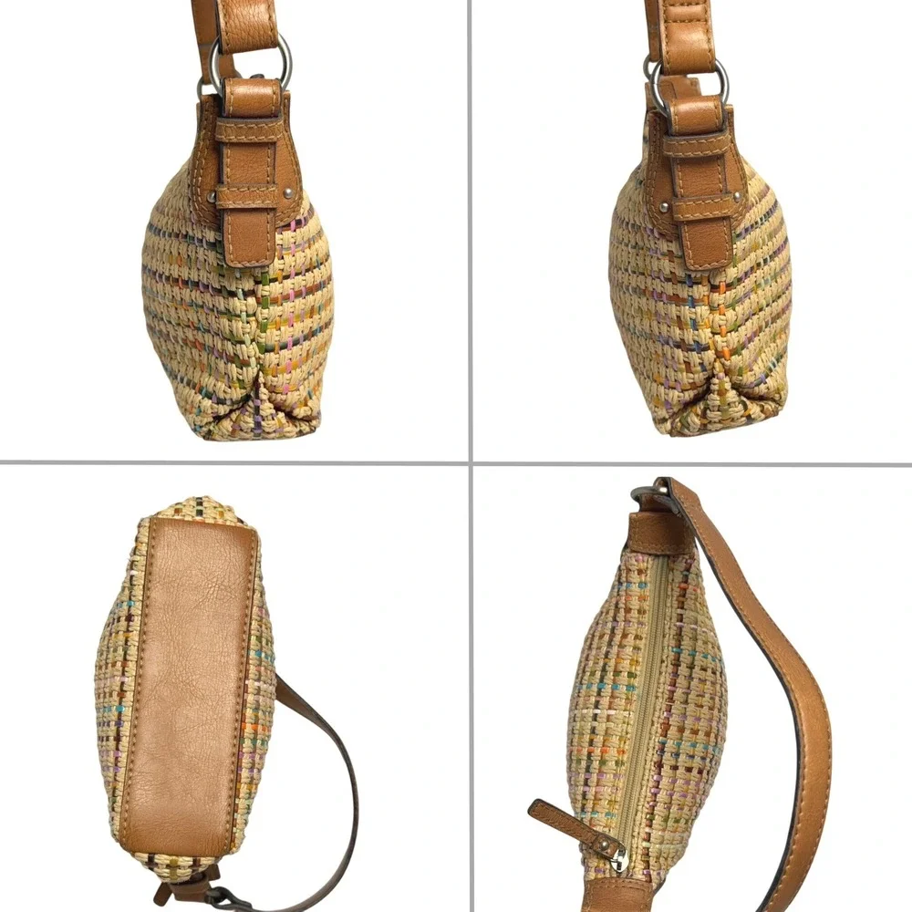 Y2K Fossil Mini Shoulder Bag Woven Straw Rainbow Detail Brown Leather Whimsy